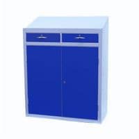 Metal Workstation Cabinet with blue closed doors and drawers