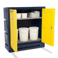 Plastic Chemcube storing hazardous chemicals on shelf.