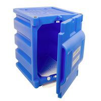 Countertop Plastic Corrosive chemical storage with door open.